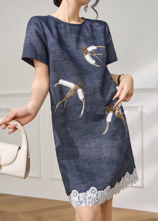 Modern Blue O-neck Embroidered Mid Dress Summer