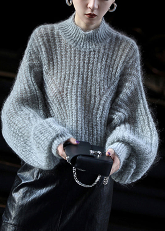 Blue O-neck Ma Hai Mao Knit Sweater Lantern Sleeve
