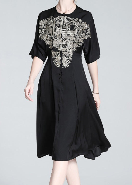 Italian Black O-neck Embroideried Button Silk Long Dress Summer
