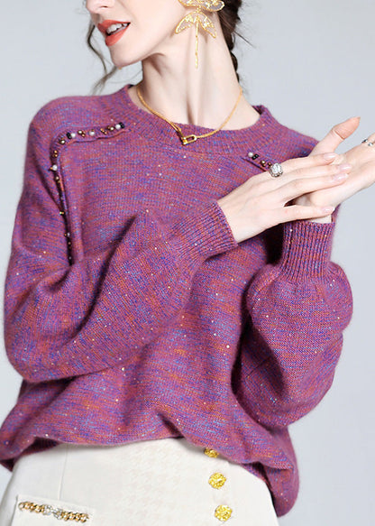 Style Purple O-neck Nail Bead Cashmere Knit Sweaters Spring