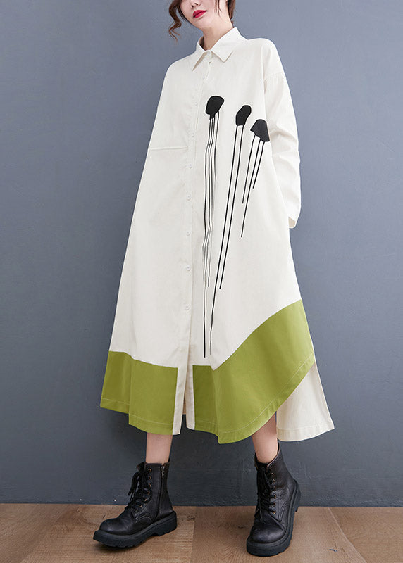 White Print Pocket Shirt Long Dresses Asymmetrical Design Long Sleeve