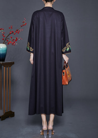 Black Embroidered Chinese Button Silk Two Pieces Set Fall
