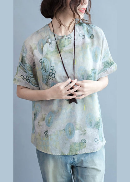 Green Print Linen Blouse Tops Short Sleeve