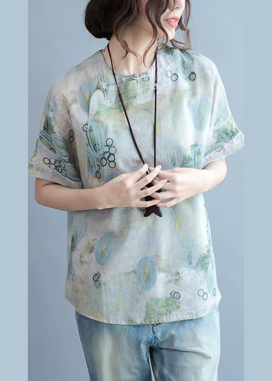 Green Print Linen Blouse Tops Short Sleeve