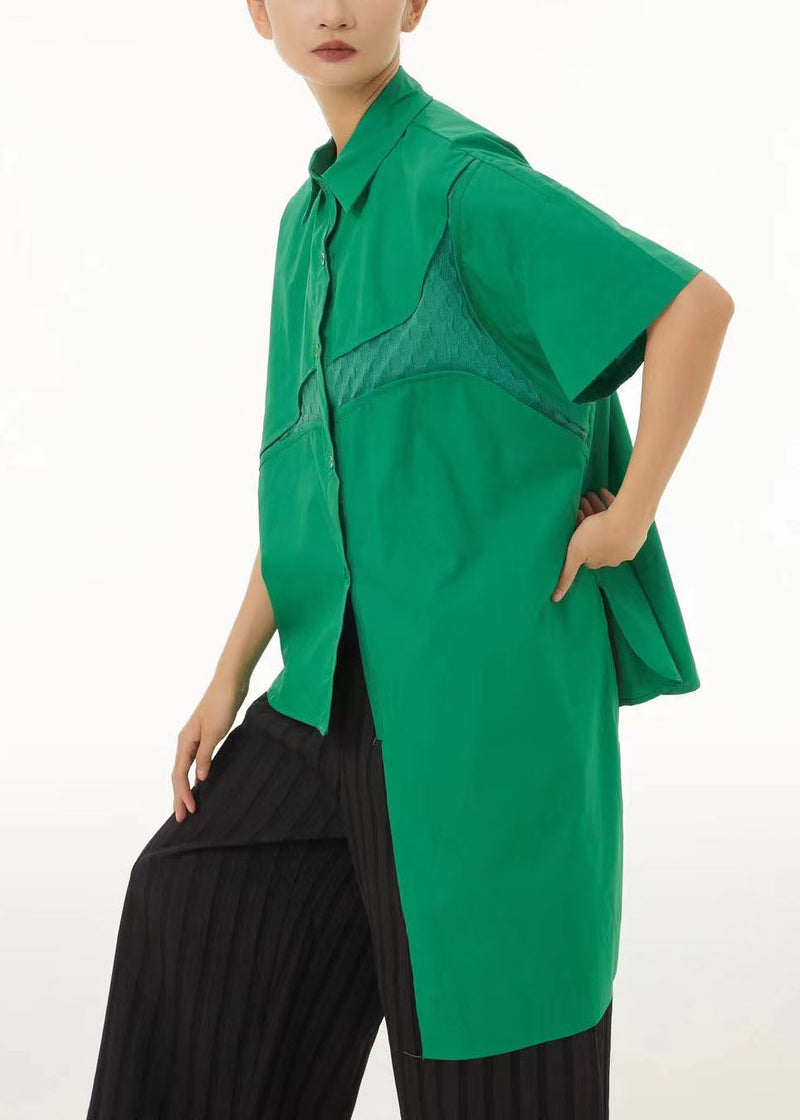 Green Asymmetrical Design Cotton Shirt Tops Summer