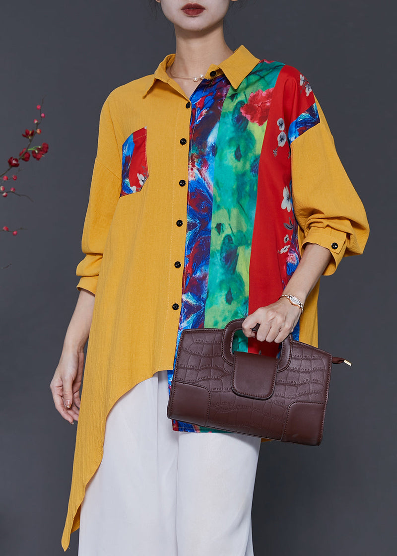 Yellow Asymmetrical Tie Dye Linen Shirt Top Spring