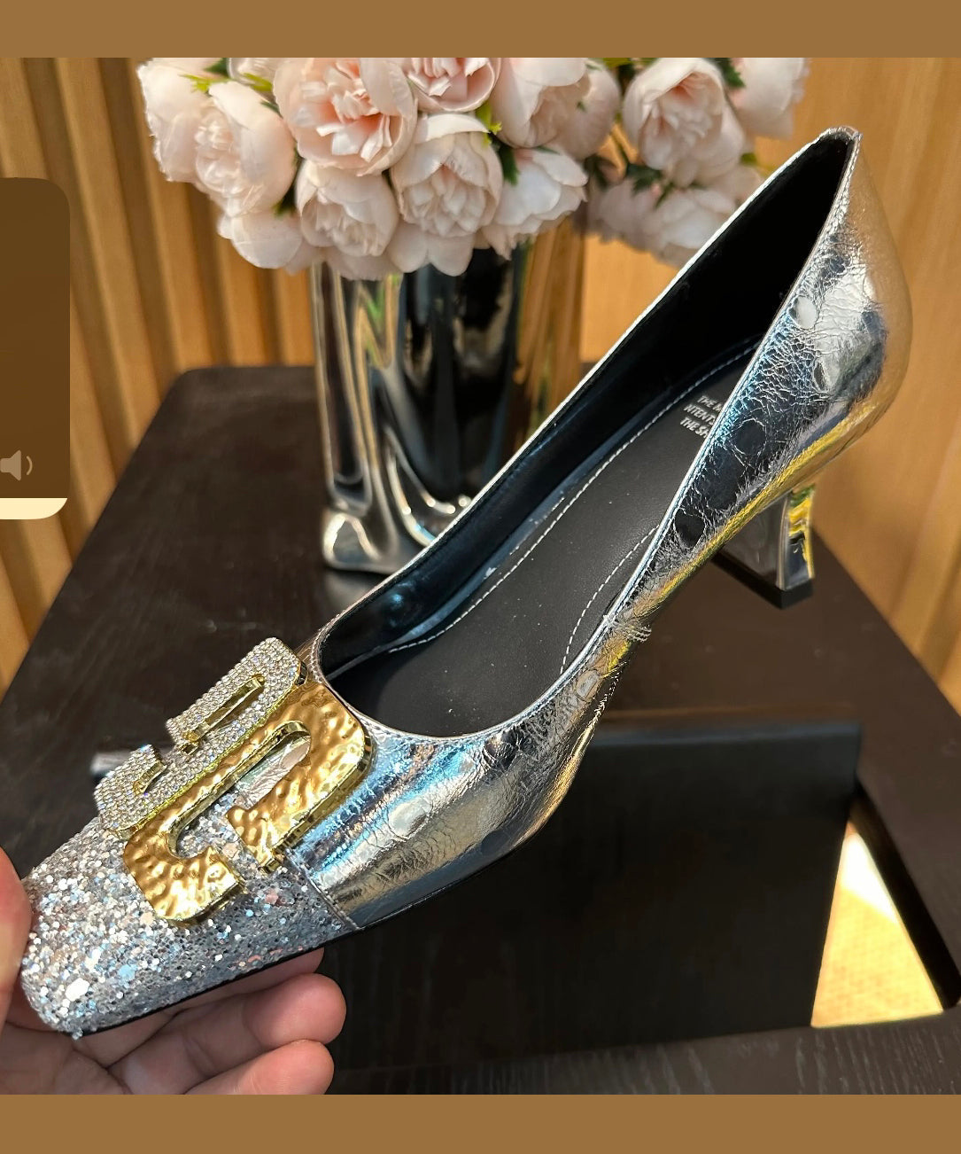 Gold Zircon Splicing Chunky High Heels Square Toe