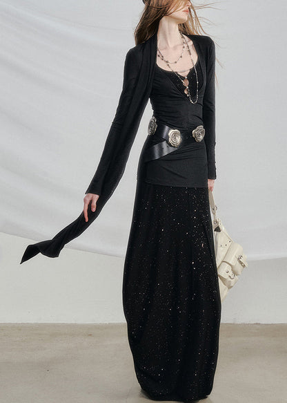 Black High Waist Cotton Two Pieces Set Hollow Out