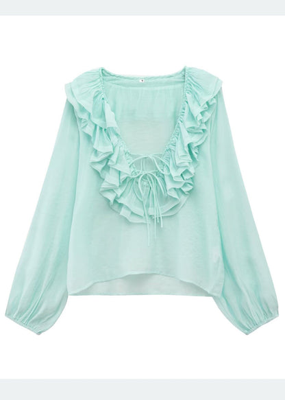 Sky Blue Ruffled Cotton Shirt Tops Summer