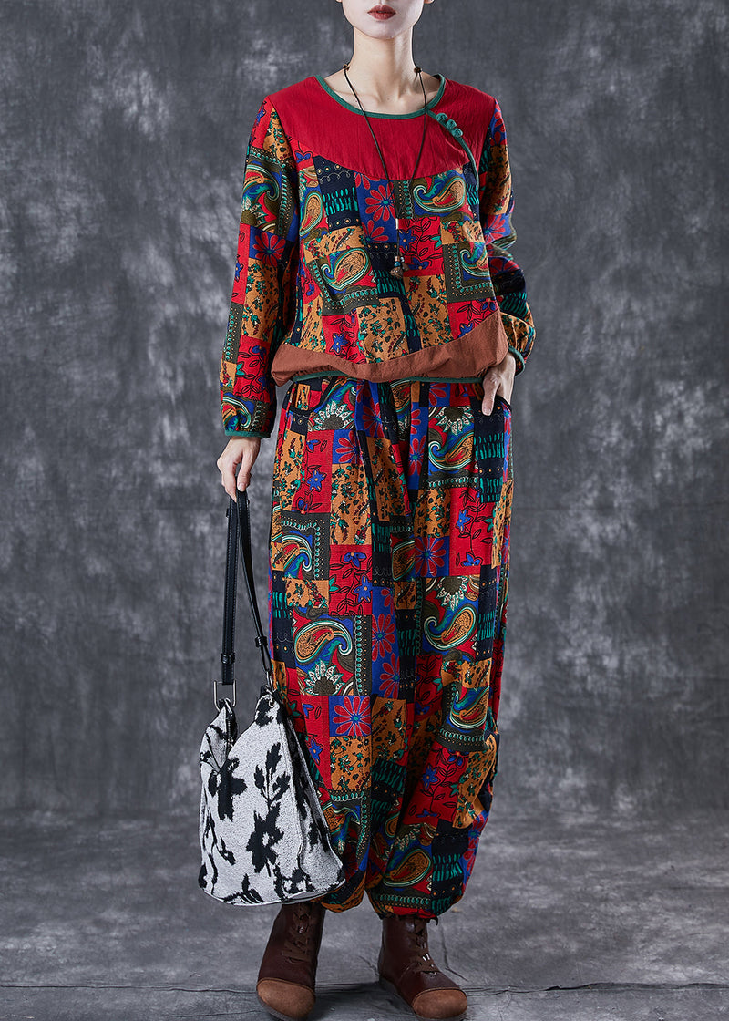 Red Print Patchwork Cotton Two-piece Set Fall