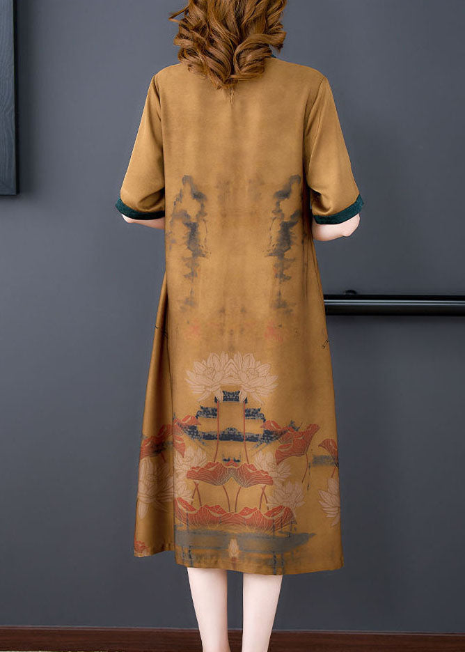 Coffee O-neck Patchwork Silk Long Dress Summer