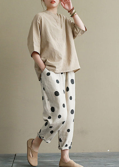 Khaki Top and Crop Pants Two Pieces Set Summer