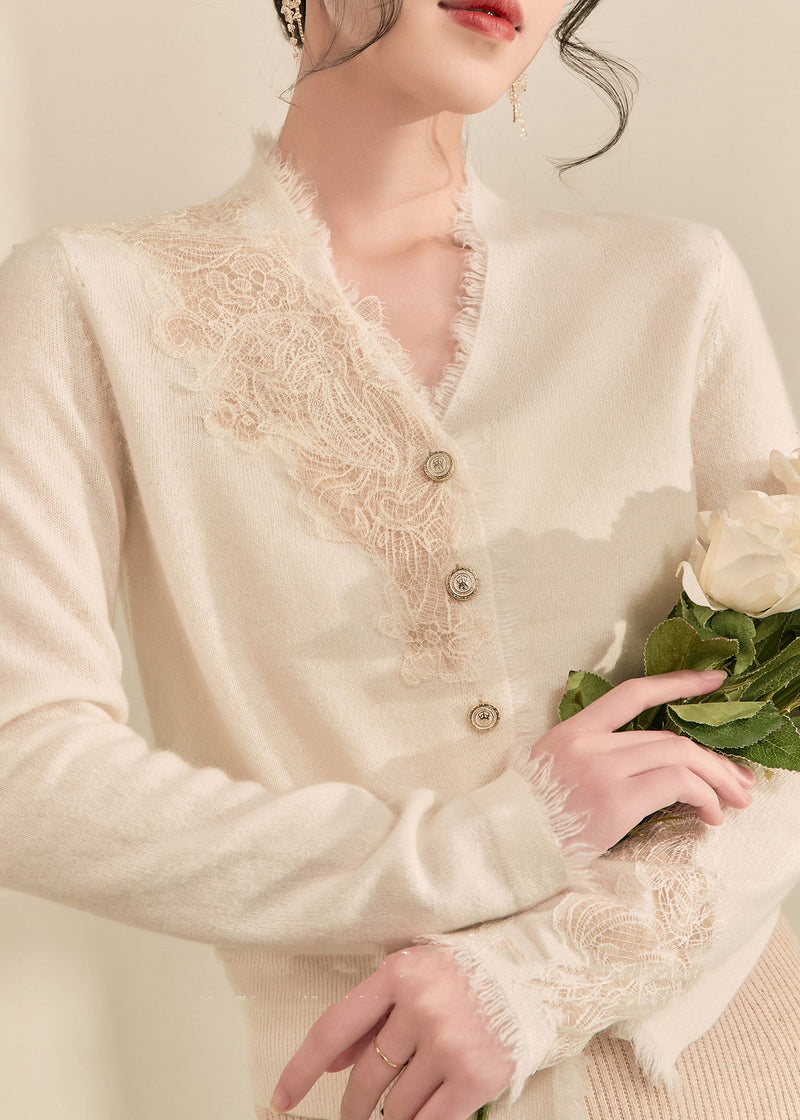 New White V Neck Lace Tassel Patchwork Knit Sweaters Winter