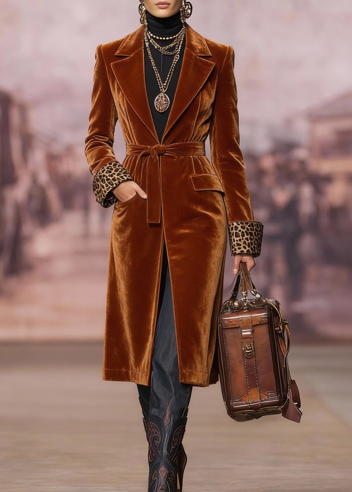 Brown Peter Pan Collar Lace Up Velvet Coat Spring