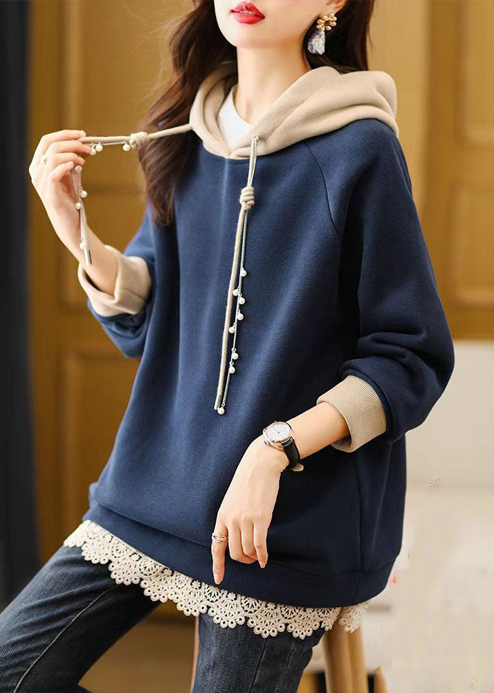 Navy Blue Drawstring Lace Patchwork Fleece Hoodie Sweatshirt Fall