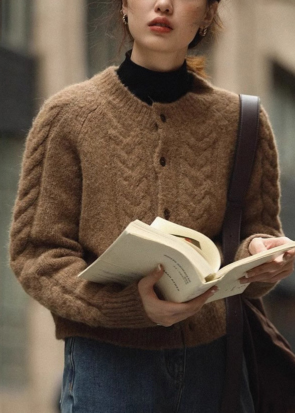 Brown Button Patchwork Warm Knit Coats Fall