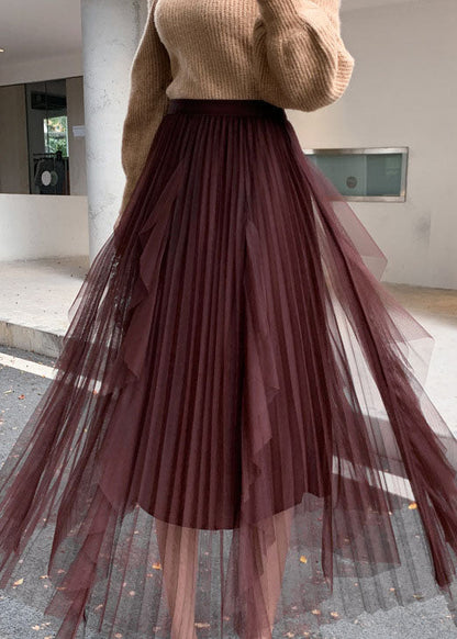 Brown Tulle Asymmetrical Pleated Skirt Spring