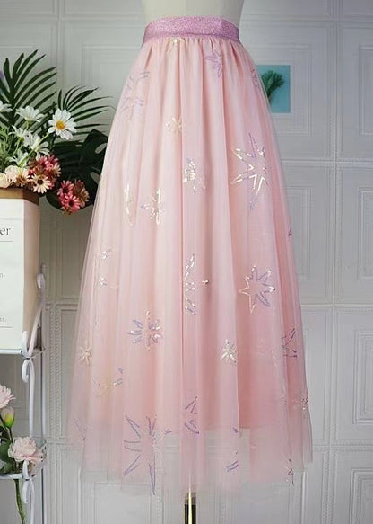 Pink Sequins Embroidered Elastic Waist Tulle Skirt Spring