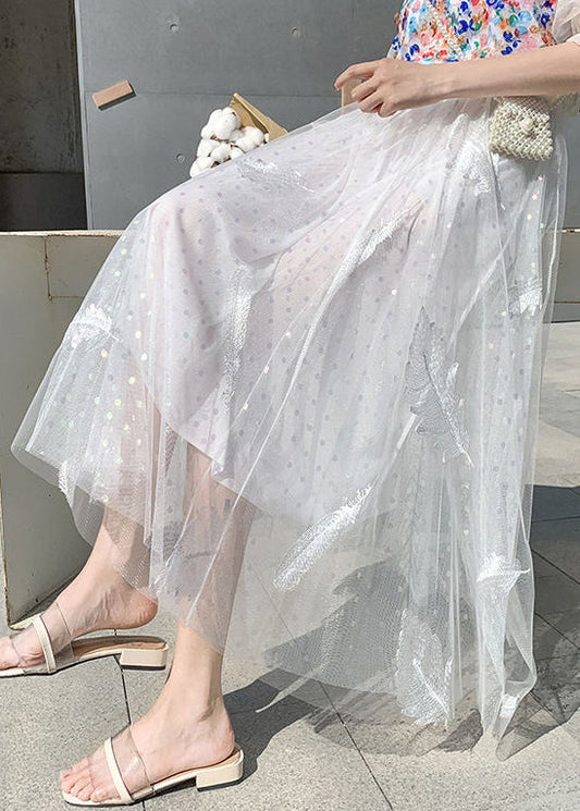 White Feathers Embroidered Elastic Waist Tulle Skirt Summer