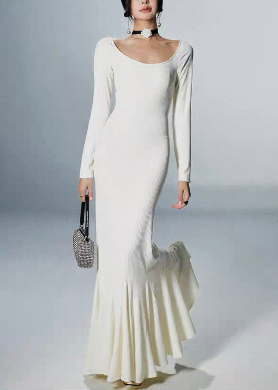 White Cotton Fall Fishtail Dresses O Neck