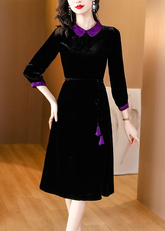 Black Peter Pan Collar Patchwork Silk Velour Maxi Dresses Long Sleeve