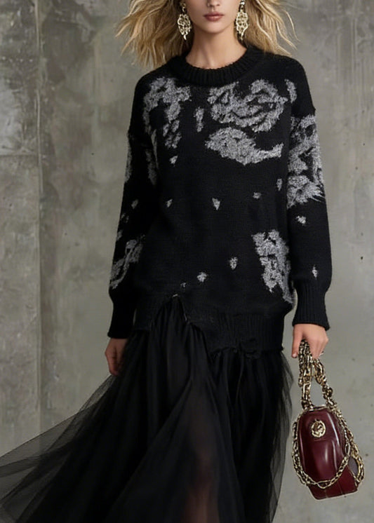 Stylish Black O Neck Print Tulle Patchwork Long Knit Dress Spring