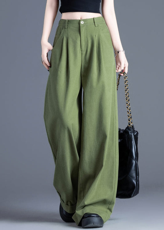 Tea Green Elastic Waist Cotton Wide Leg Pants Spring