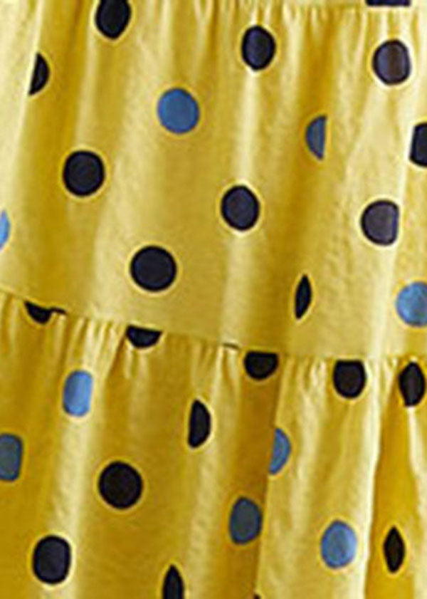 Yellow O-neck Dot Print Cotton Party Dress Short Sleeve