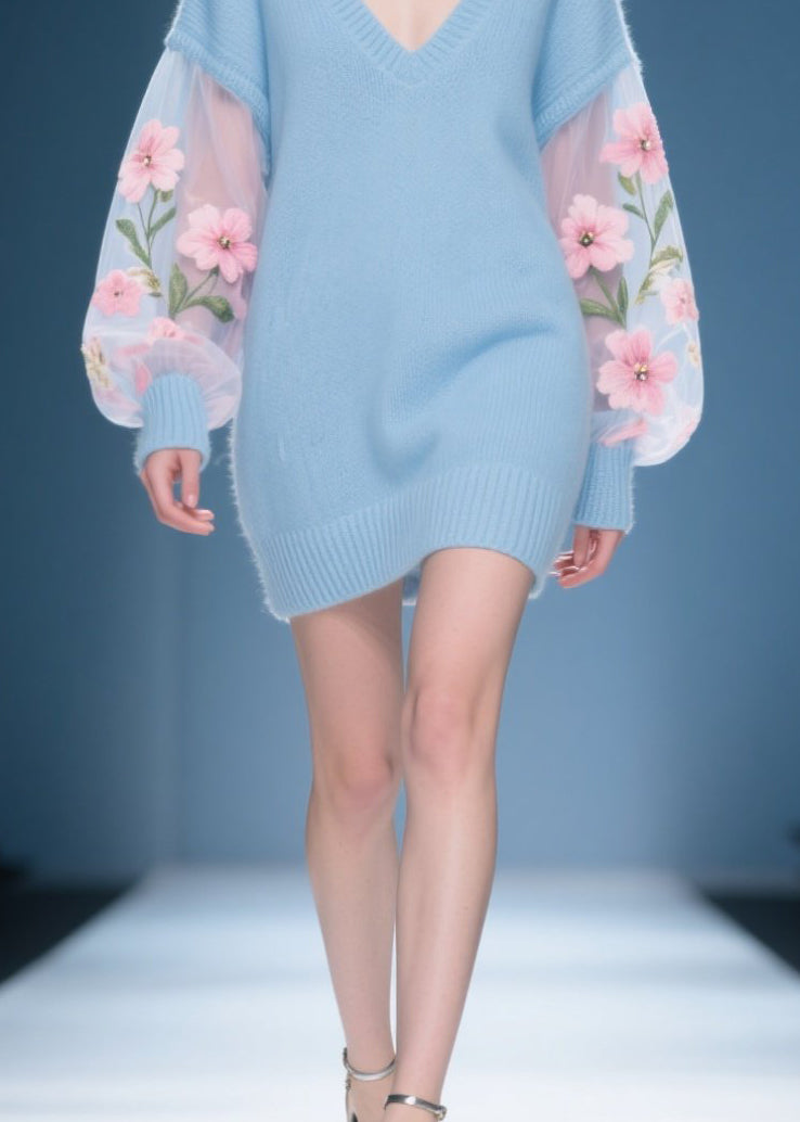 New Blue V Neck Patchwork Knit Sweater Dress Fall
