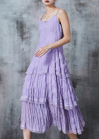 Lavender Wrinkled Patchwork Lace Cotton Sundress Summer