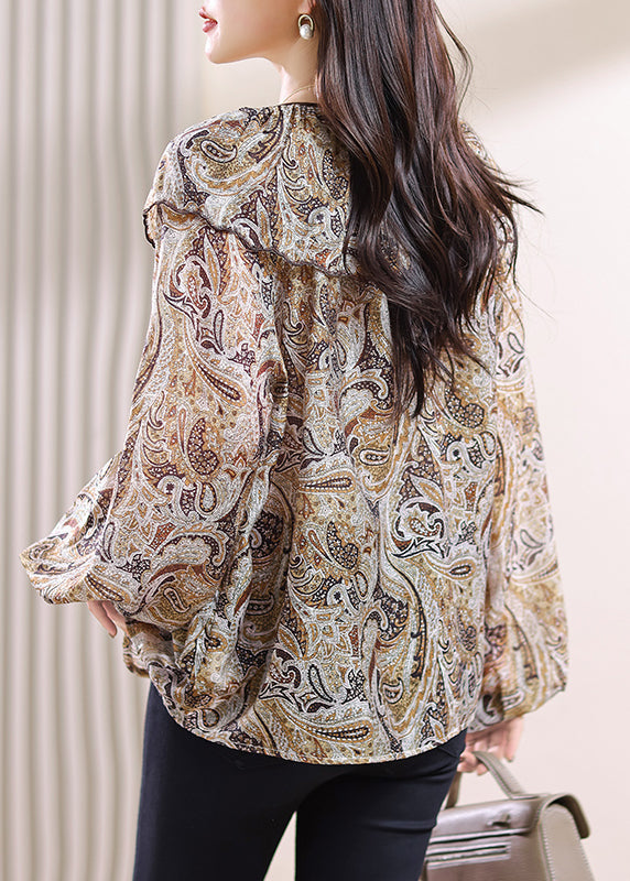 Lace Up Print Patchwork Chiffon Top Fall