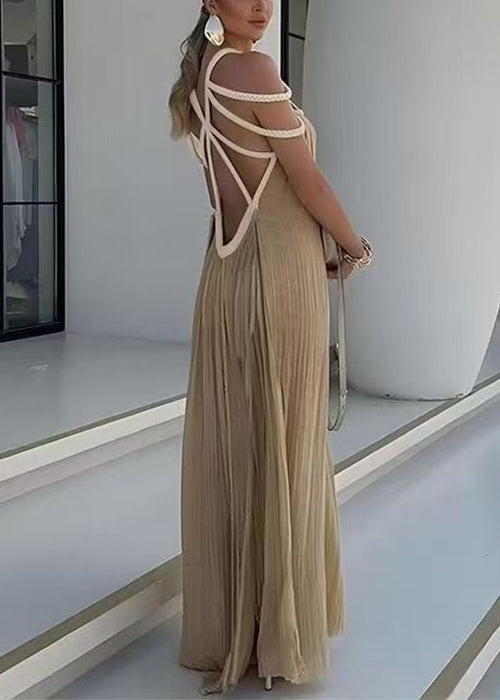 Khaki Wrinkled Cable Hollow Out Cotton Long Dress Sleeveless