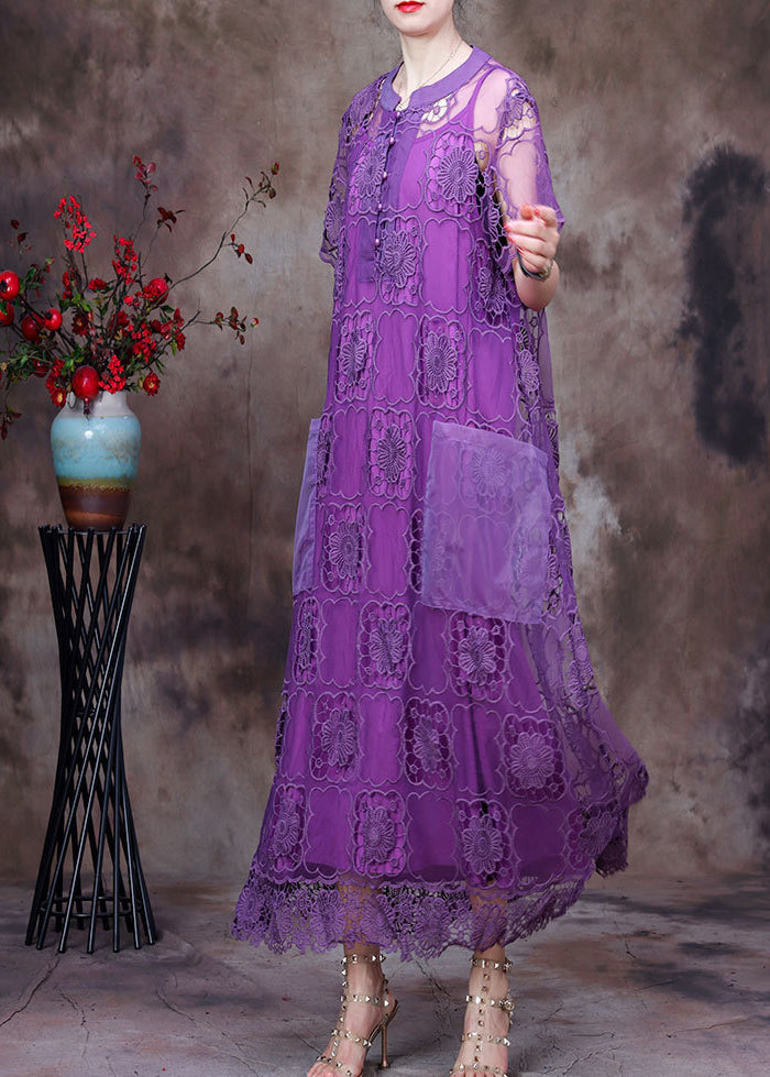 Purple O-neck Big Pockets Hollow Out Lace Dress and Spaghetti Strap Dress Two Piece Set Short Sleeve