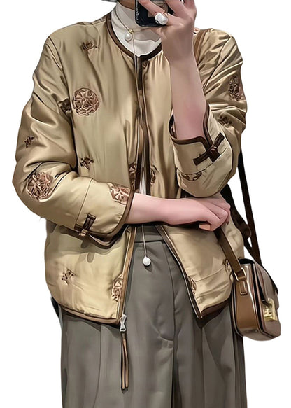 Coffee Embroideried Fine Cotton Filled Winter Coats