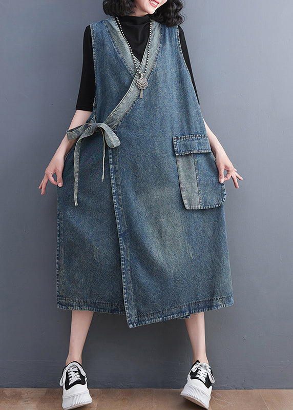 Blue V Neck Asymmetrical Patchwork Tie Waist Denim Long Dresses Sleeveless