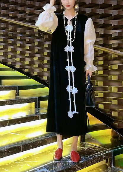 Black Nail Bead Patchwork Silk Velour Dresses Puff Sleeve