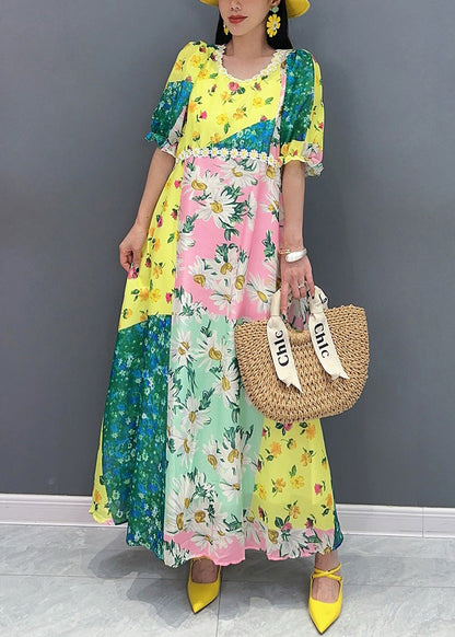 Yellow O-neck Print Patchwork Cotton Long Dress Summer