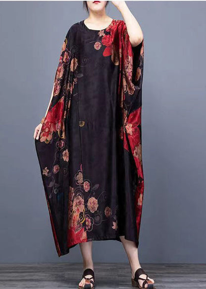 Black O-neck Print Chiffon Vacation Dresses Batwing Sleeve