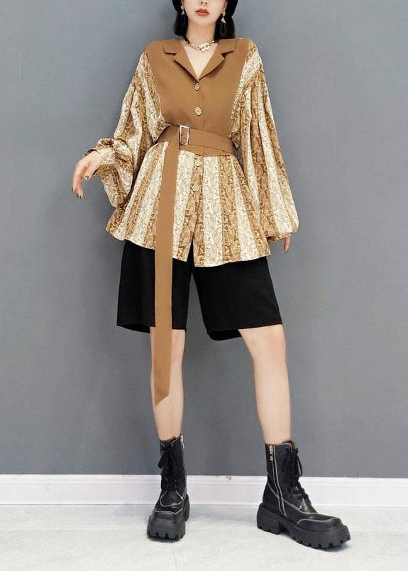 Organic Khaki Fall Patchwork Tie Waist Long Sleeve Top