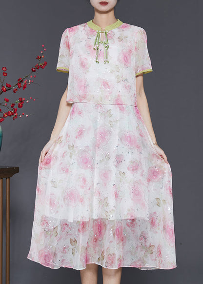 Pink Tasseled Patchwork Print Silk Dress Summer