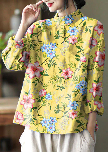 Stylish Gray Flower Embroidered Retro Linen Blouse Tops Spring