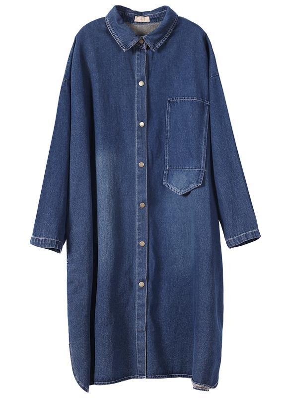 100% Lapel Patchwork Spring Outfit Ideas Denim Blue Long Dress