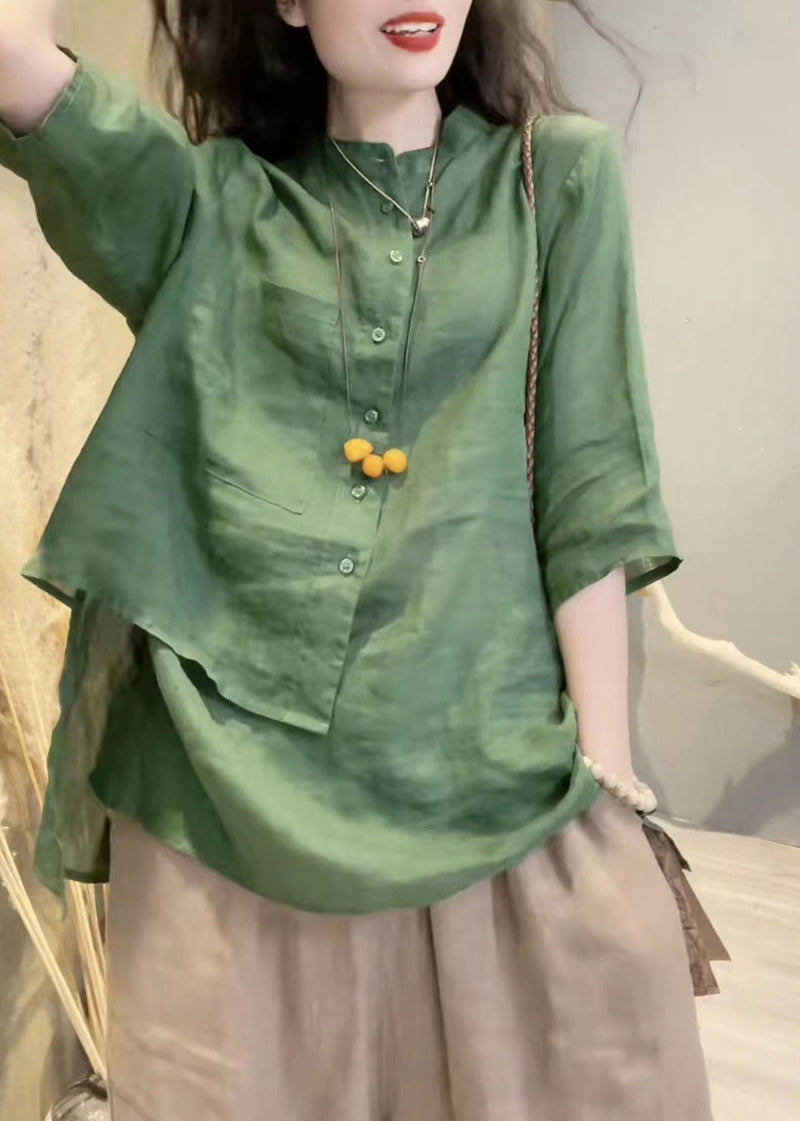 Green Stand Collar Asymmetrical Button Linen Shirts Long Sleeve