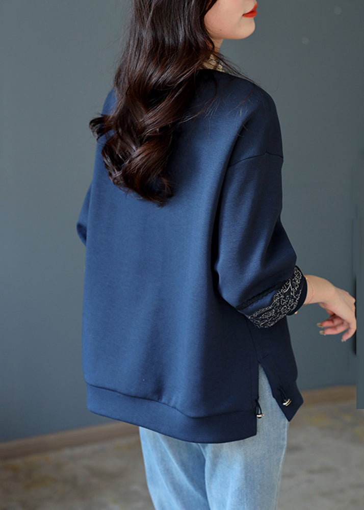 Loose Navy Blue O-neck Lace Patchwork Bright Silk Sweatshirts Long Sleeve