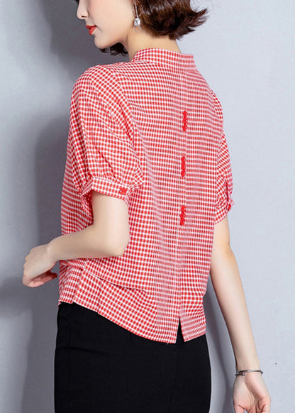 Red Plaid Chiffon Blouses Oversized Wrinkled Short Sleeve