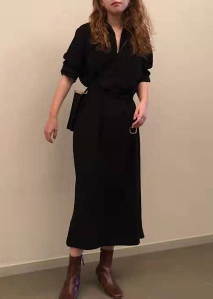 French Black Cinched Side Open Cotton Dresses Half Sleeve