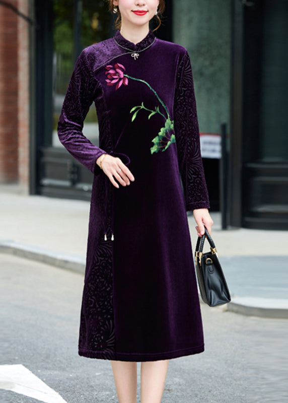 Black Print Tie Waist Silk Velour Vacation Long Dresses Long Sleeve