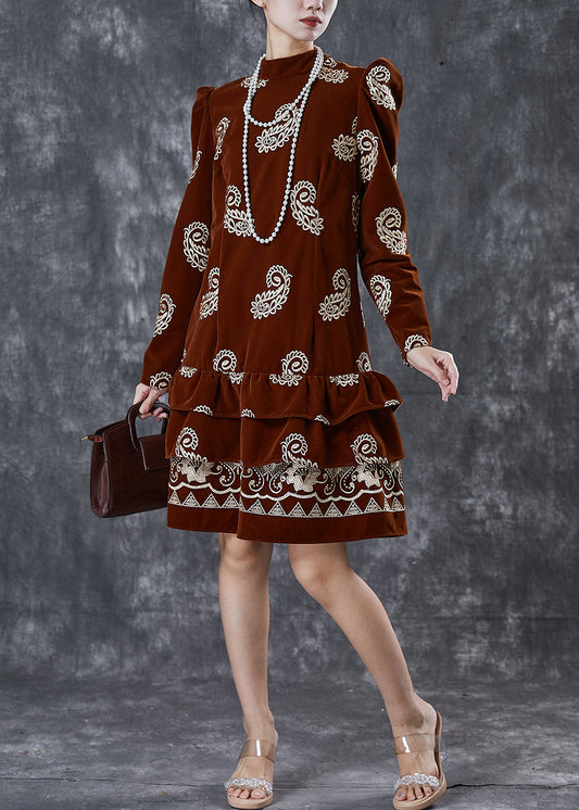 Brown Print Silk Velour Vacation Dress Ruffled Puff Sleeve Spring