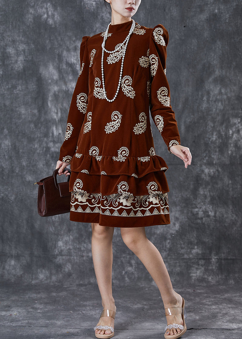 Brown Print Silk Velour Vacation Dress Ruffled Puff Sleeve Spring