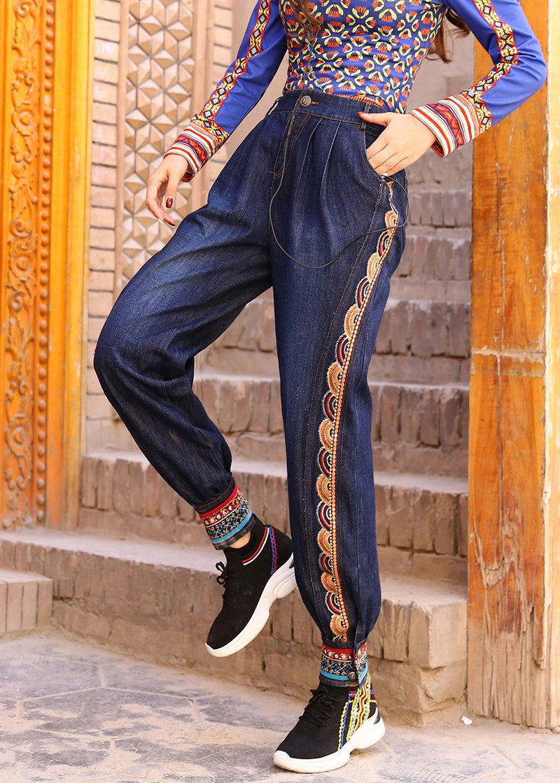 Blue High Waist Print Cotton Denim Beam Pants Spring